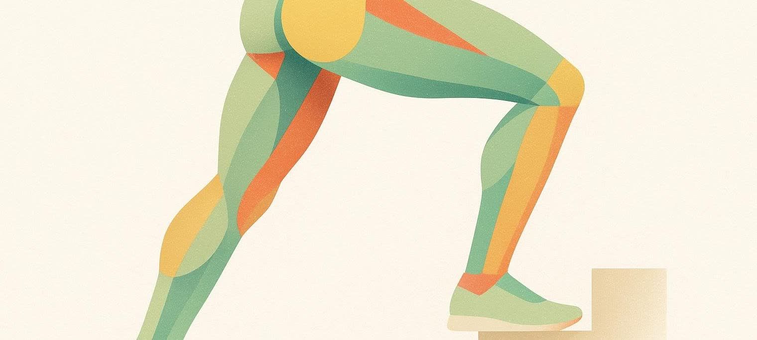 A stylized geometric illustration depicting the muscles of the lower body. The legs are shown stepping onto a block, with different colored shapes (greens, oranges, and yellows) representing various muscle groups and highlights. The overall style is clean and modern with a subtle textured background.