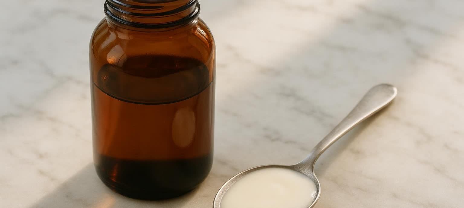 Bottle of liposomal supplements with a spoon showing the thick liquid texture