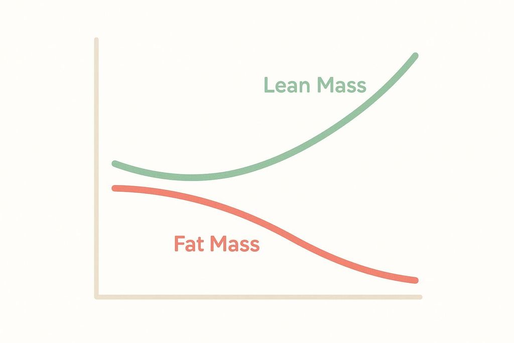 A simple chart depicting a positive fitness trend, with a green line showing increasing lean mass and a red line showing decreasing fat mass over time.