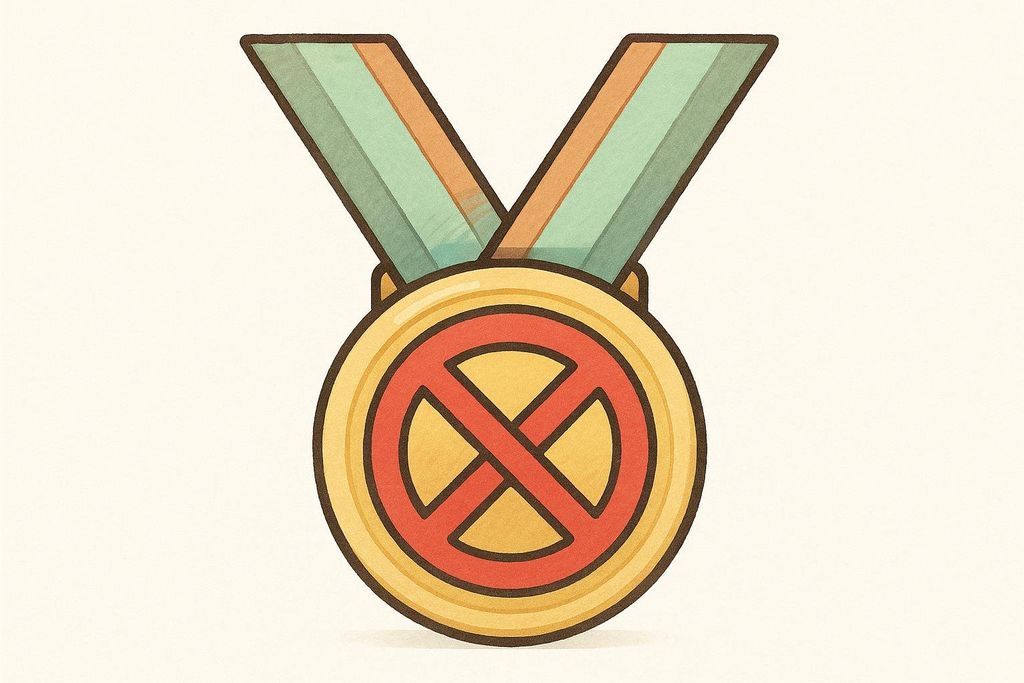 A stylized illustration of a gold medal with a green and orange ribbon. The center of the medal features a large red prohibition symbol, indicating that something (like a substance or practice) is banned or forbidden.