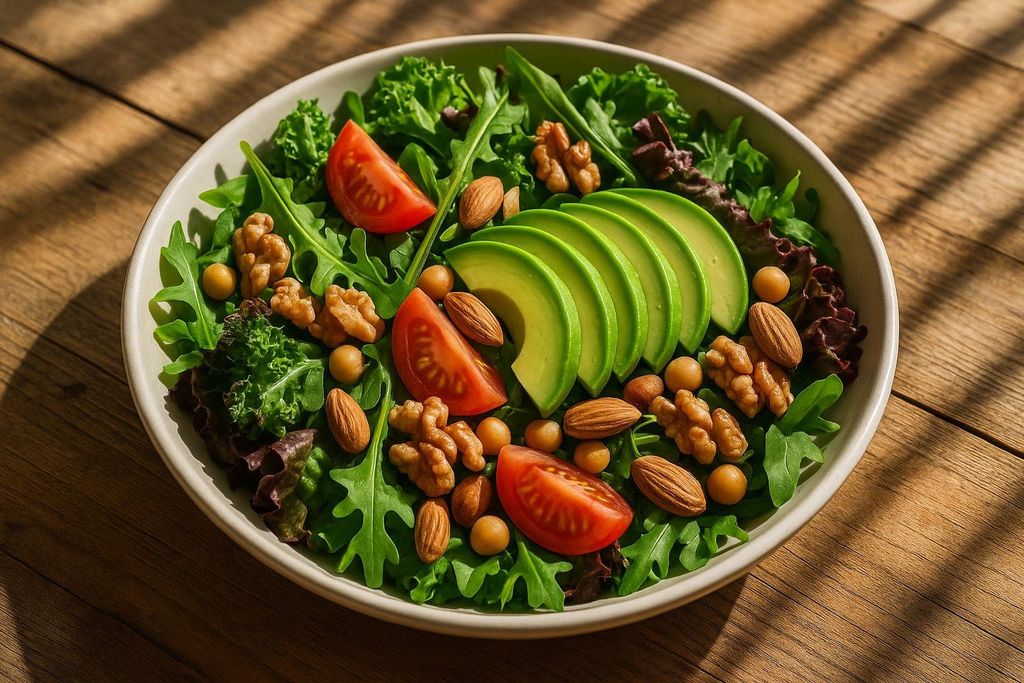 A close-up shot of a vibrant salad in a white bowl, featuring fresh green leafy vegetables, sliced avocado, quartered red tomatoes, walnuts, almonds, and small yellow chickpeas, all resting on a wooden surface with dappled sunlight.