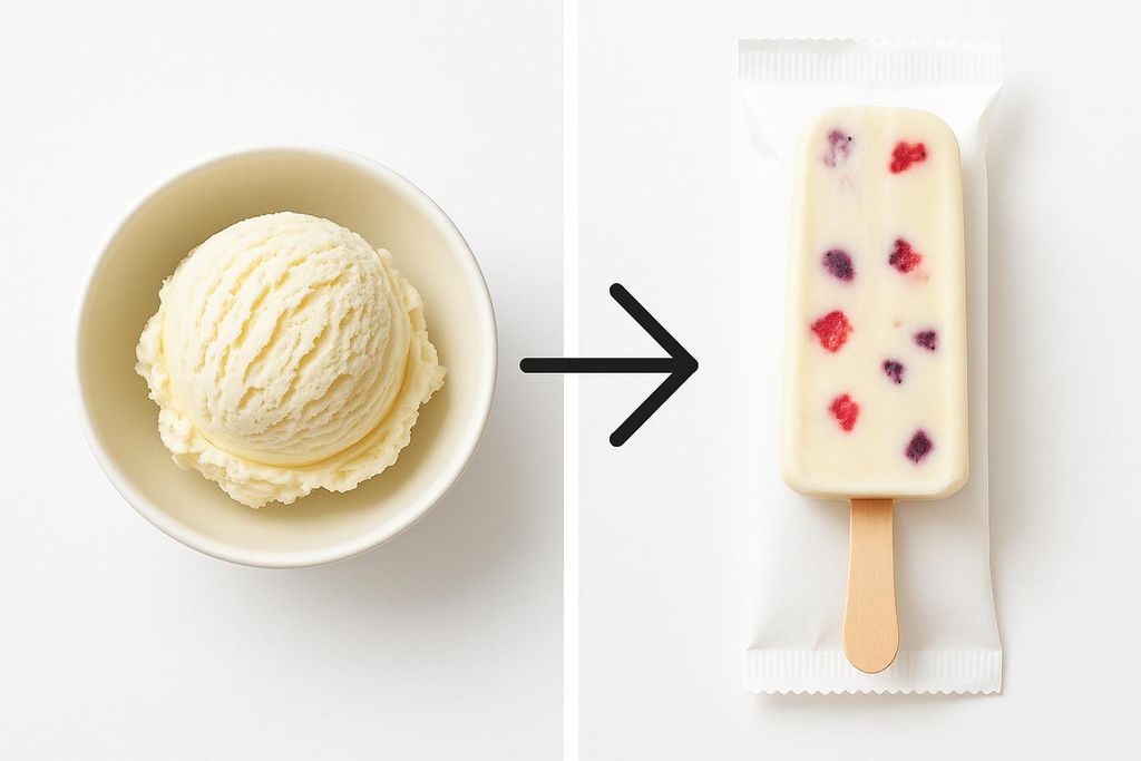 A comparison image showing a scoop of ice cream in a bowl on the left and a frozen Greek yogurt bar with berries on the right, connected by an arrow.