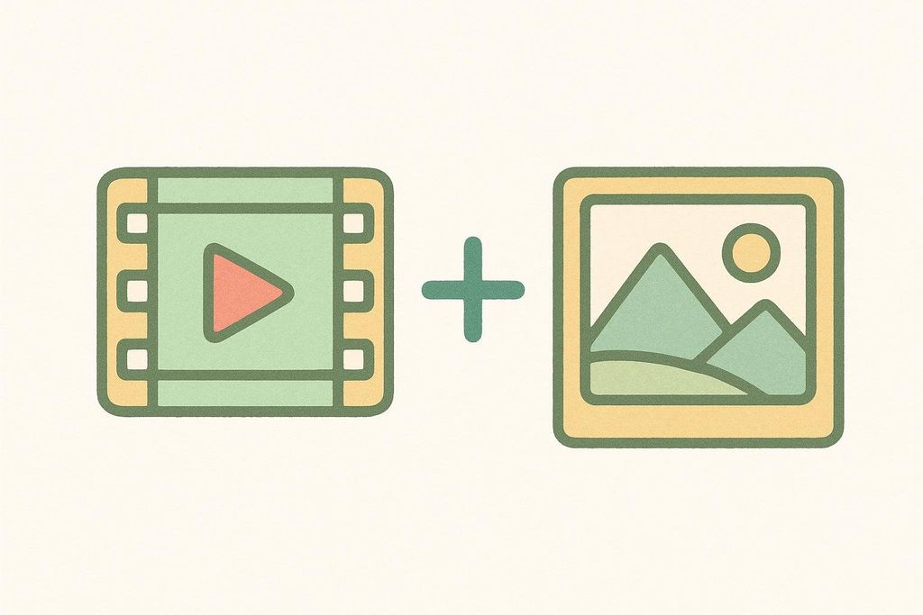 A graphic depicting a movie strip icon with a play button on the left, a plus sign in the middle, and a landscape photograph icon on the right, suggesting a combination or comparison of video and still images.