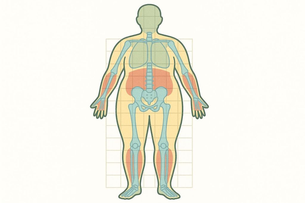 Abstract illustration of a person's body with different sections colored: blue for bones, red for muscles, and yellow for fat, overlaid on a grid.