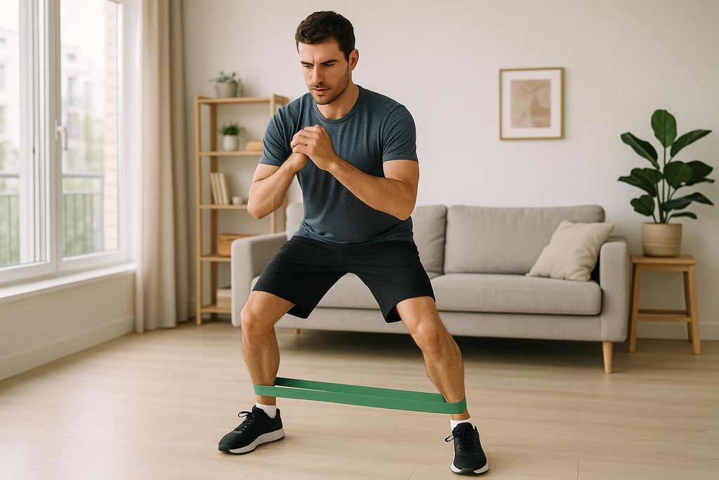 A man in athletic wear performs a side squat with a green resistance band around his ankles in a bright, modern living room.