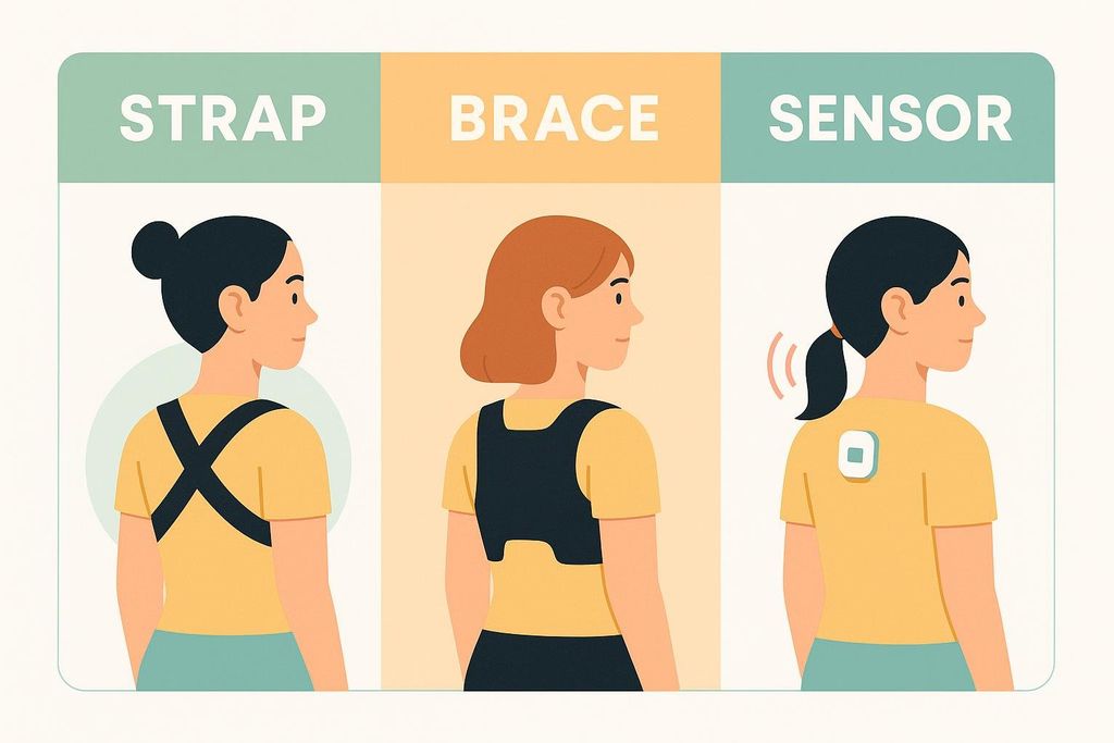 An illustration comparing three types of posture correctors: a back strap, a chest and back brace, and a small sensor worn on the upper back, each shown on a different woman from the side.