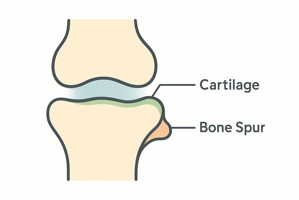 A simplified diagram illustrating a bone spur forming on the lower bone of a joint, beneath the joint cartilage. Labels point to 'Cartilage' and 'Bone Spur'.