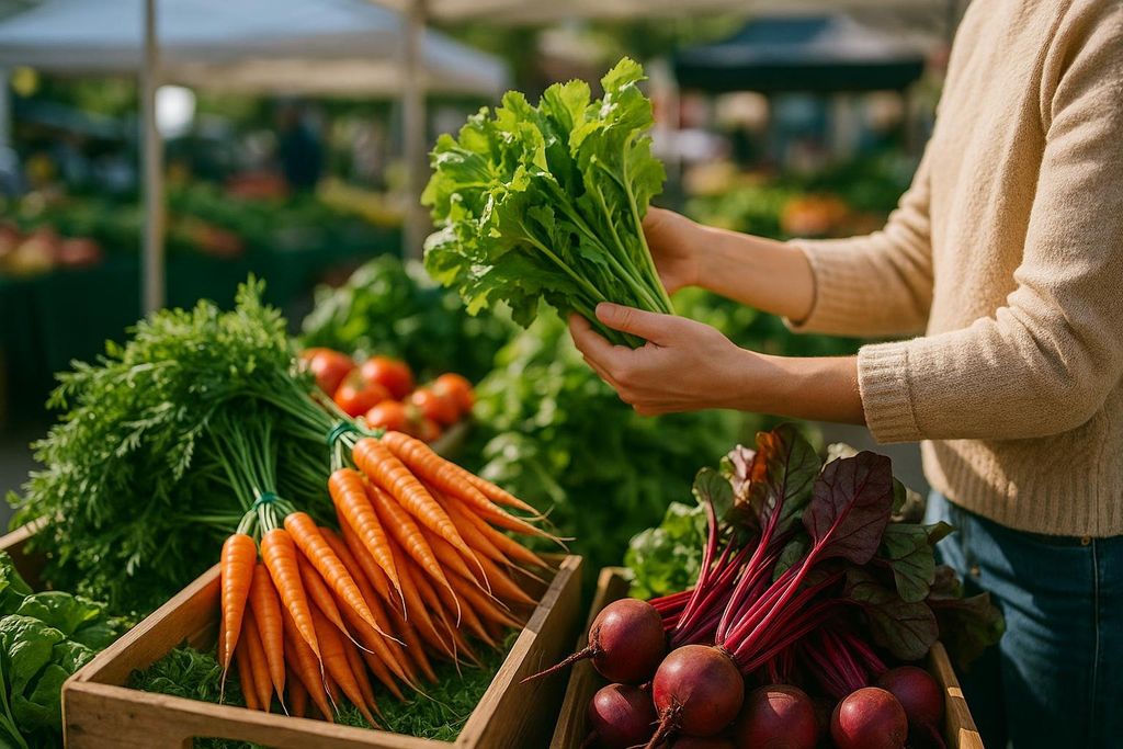 A person's hands holding a bunch of fresh green leafy produce, with crates of carrots and beets visible in the foreground at a vibrant outdoor farmer's market.