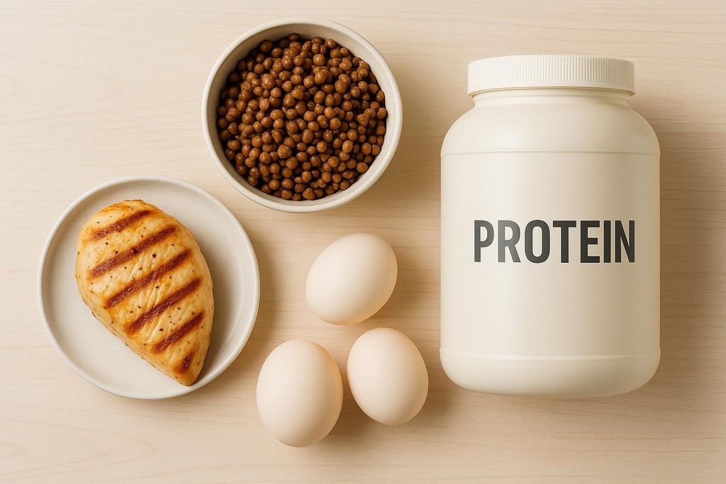 Flat lay of high protein food sources: a grilled chicken breast, a bowl of lentil beans, three eggs, and a large tub of protein powder.