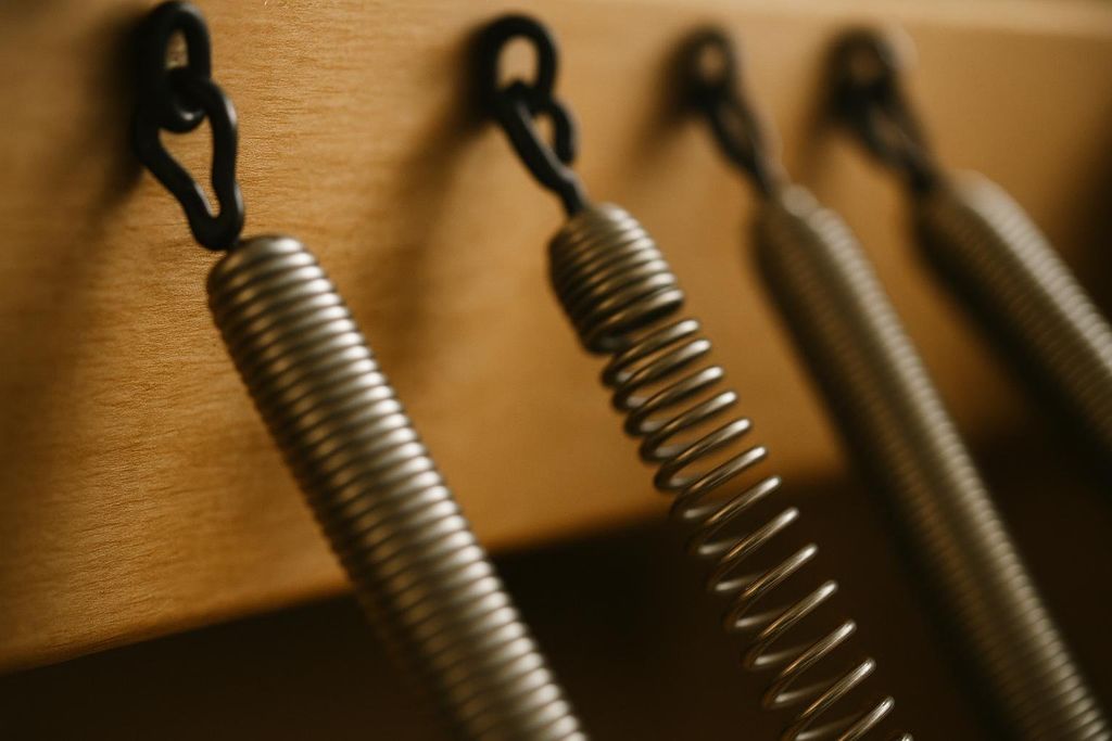 Close-up of tightly stretched metal springs on a Pilates Reformer