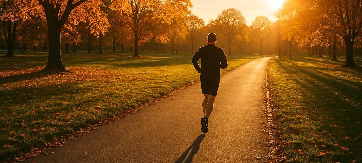 A person jogging away from the viewer on a paved park path during golden hour, with trees displaying autumn foliage on either side and long shadows cast across the grass.