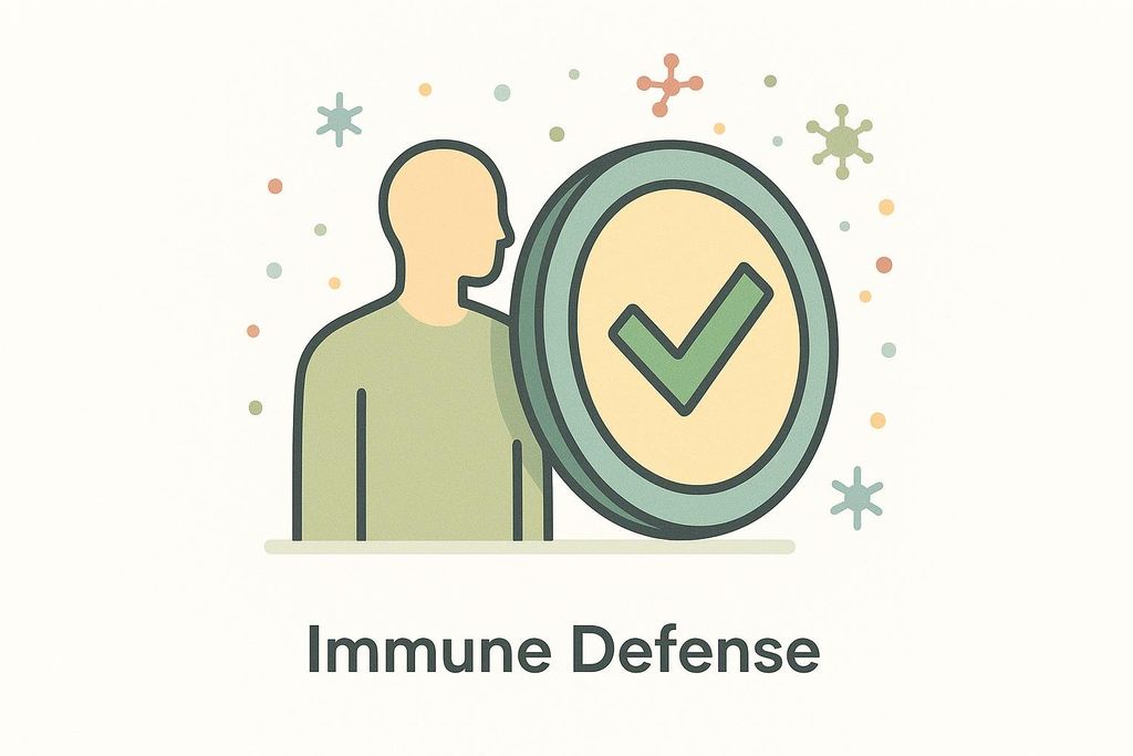 An illustration depicting a stylized human figure with a green and yellow shield featuring a checkmark in front, representing immune defense. The background has colorful dots and small virus-like shapes.