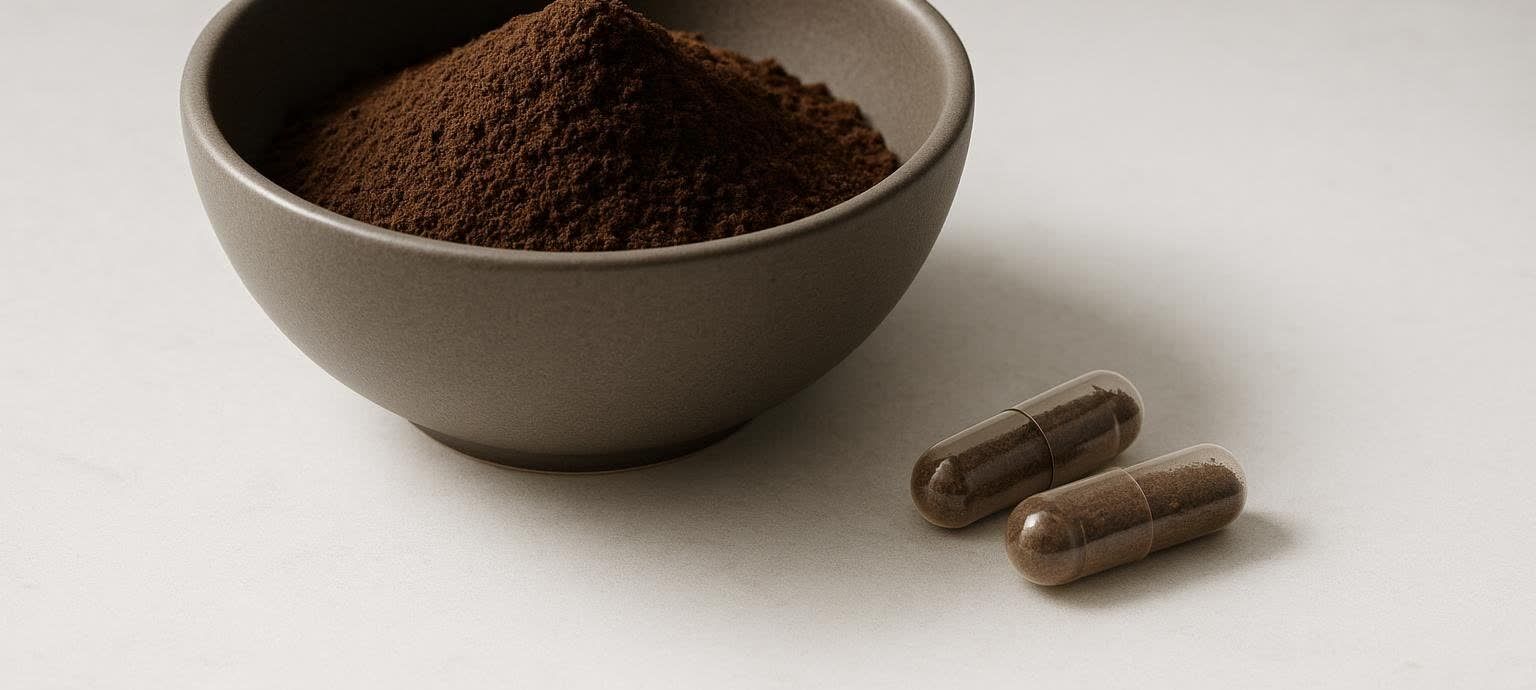 A ceramic bowl overflowing with dark brown liver powder next to two clear capsules filled with the same brown powder, all on a light gray surface.