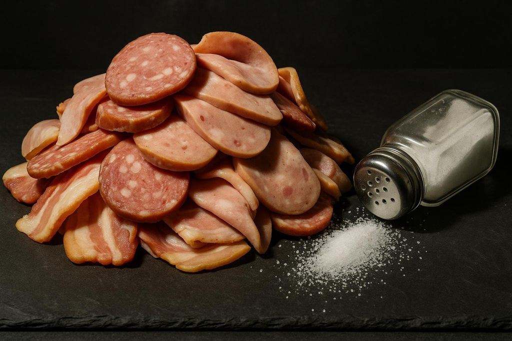 A pile of sliced processed meats, including what appears to be salami and bacon, next to an overturned salt shaker with scattered salt on a dark surface.