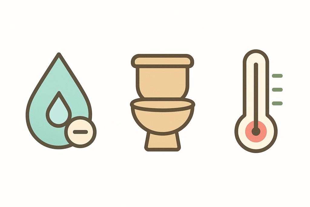 An illustration depicting three icons that symbolize ways electrolytes are lost from the body: a water drop with a minus sign (sweat/dehydration), a toilet (urine), and a thermometer (illness/fever).