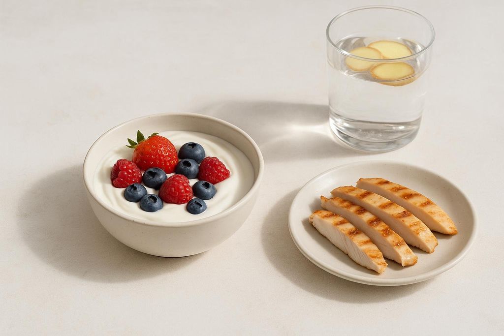A bowl of yogurt with berries, a plate of grilled chicken slices, and a glass of water with ginger, representing a healthy meal.