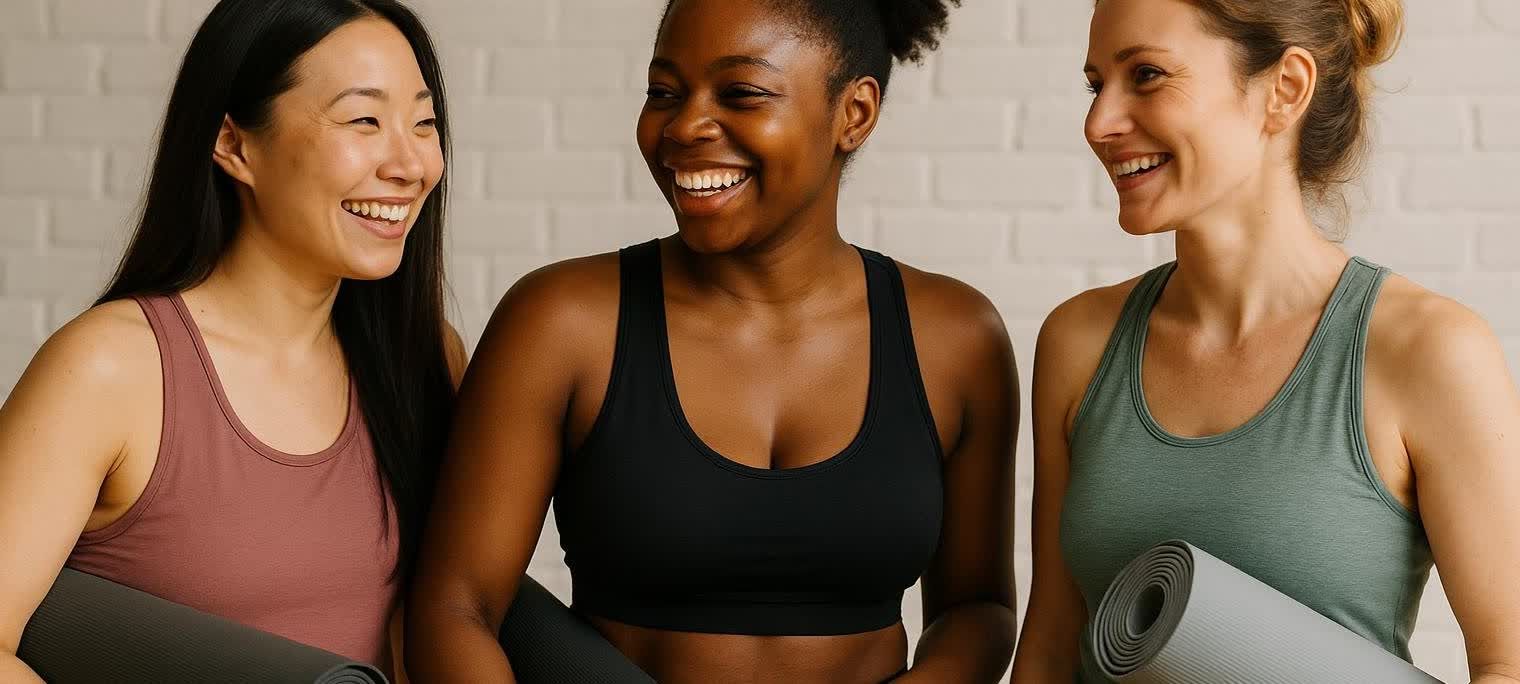 Three diverse women, dressed in athletic wear, smiling and holding yoga mats, ready for a workout or yoga session.
