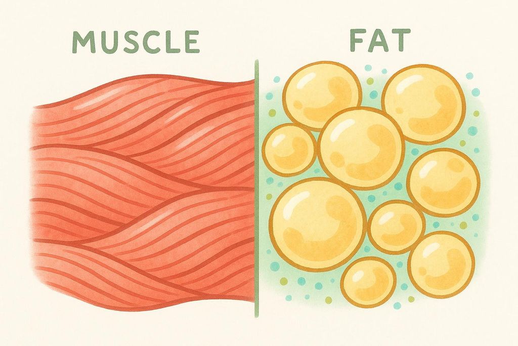 An abstract illustration comparing muscle tissue and fat tissue side-by-side. On the left, red wavy lines represent muscle fibers under the word 'MUSCLE'. On the right, yellow, spherical fat cells of varying sizes are depicted on a light blue-green background with scattered dots, under the word 'FAT'.