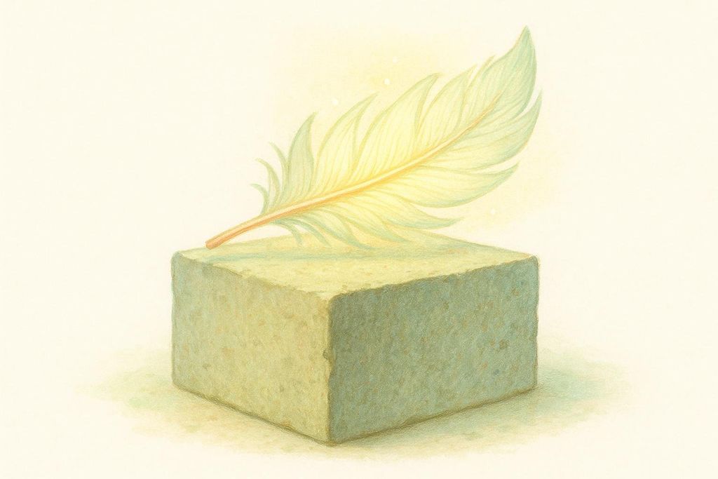 An illustration of a light, glowing feather resting on top of a heavy, rough concrete block, representing the concept of lightness versus heaviness.