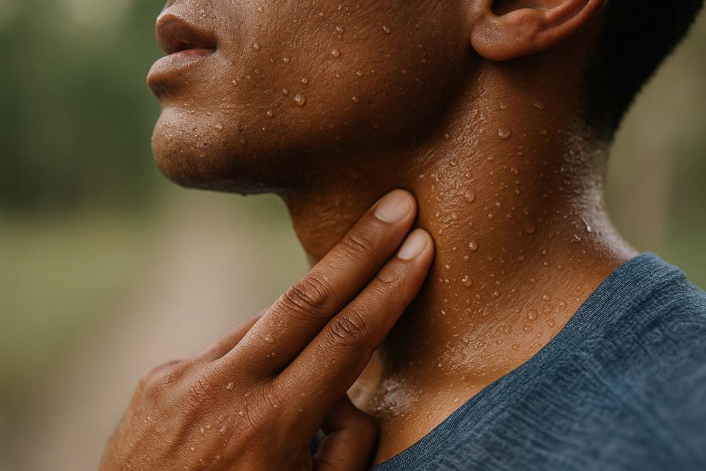 Close-up of an athlete, covered in sweat droplets, checking their pulse on their neck with two fingers. They are wearing a blue athletic shirt.
