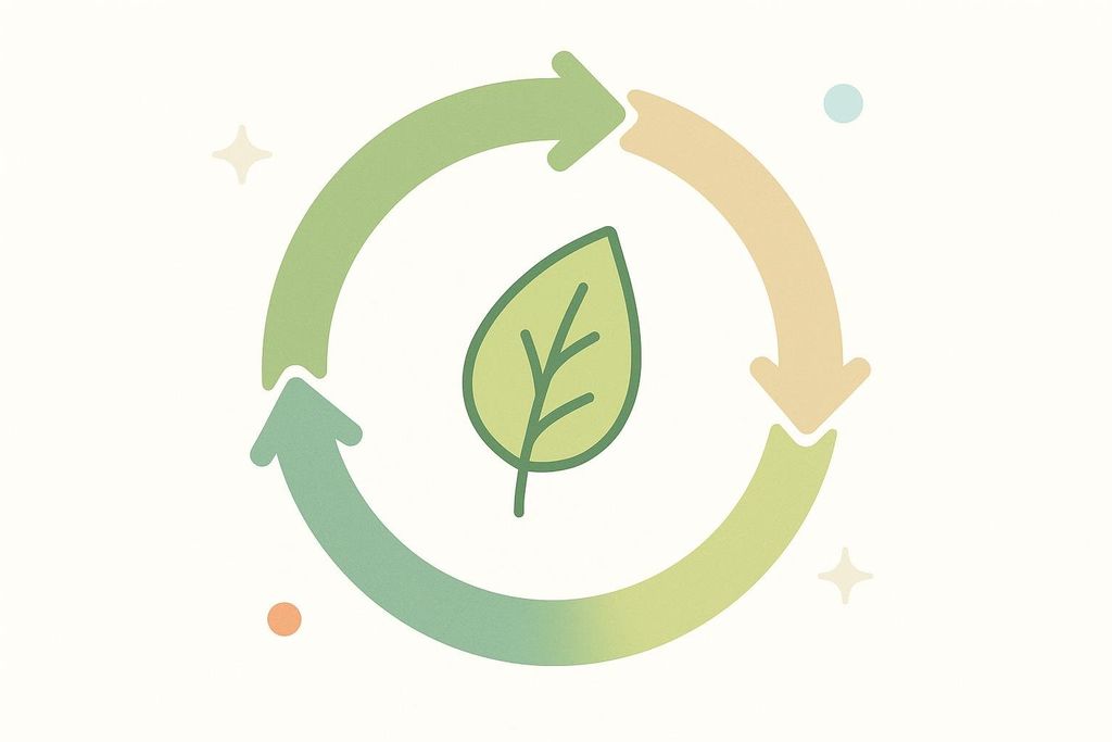 An illustration of a green leaf at the center, surrounded by a circular arrow cycle in various shades of green and light brown, symbolizing a circular economy or sustainability.