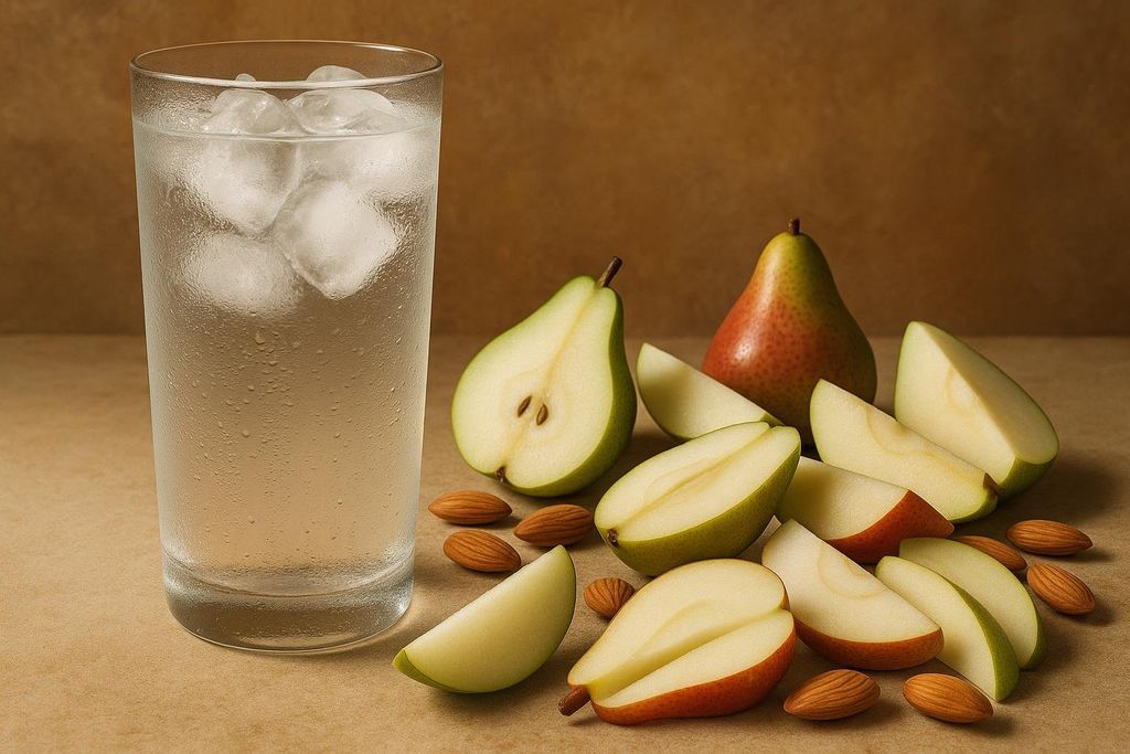 A refreshing glass of iced water served alongside whole and sliced green and red pears, and scattered raw almonds on a brown surface.