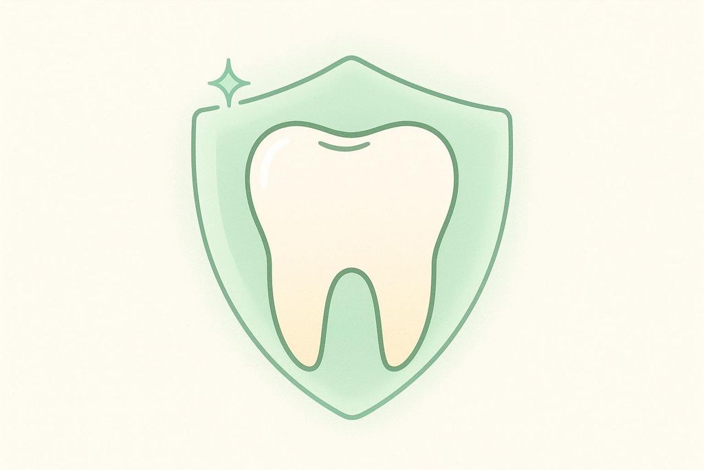 Illustration depicting a shield in light green protecting a tooth, symbolizing dental enamel protection. A small sparkling star is placed near the top left of the shield, indicating strength or cleanliness.
