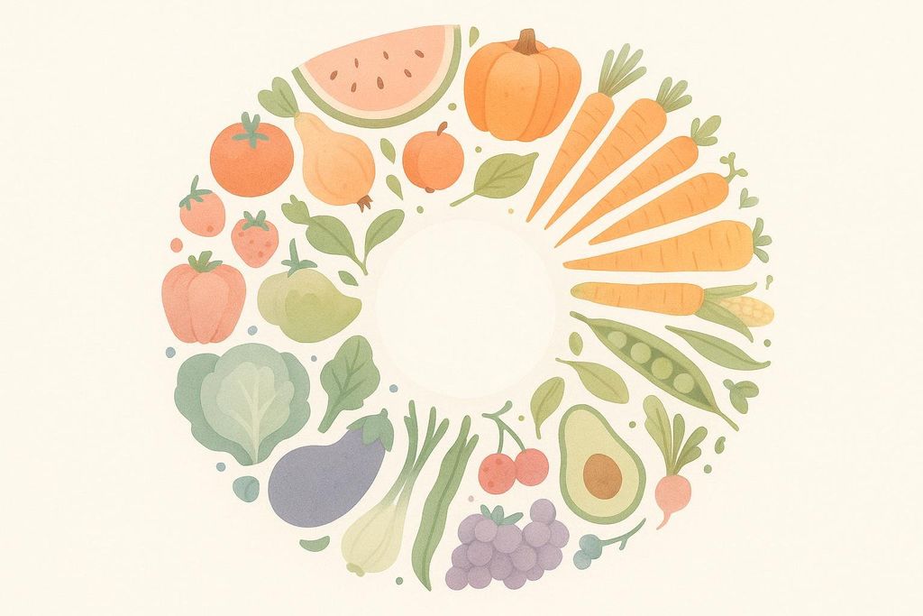 A flat illustration of various fruits and vegetables arranged in a circular shape around a blank center. The produce includes watermelon, pumpkin, carrots, corn, peas, radish, avocado, grapes, cherries, green onions, eggplant, cabbage, spinach, bell peppers, strawberries, tomatoes, pears, and apples, depicted in muted pastel colors on a light beige background.