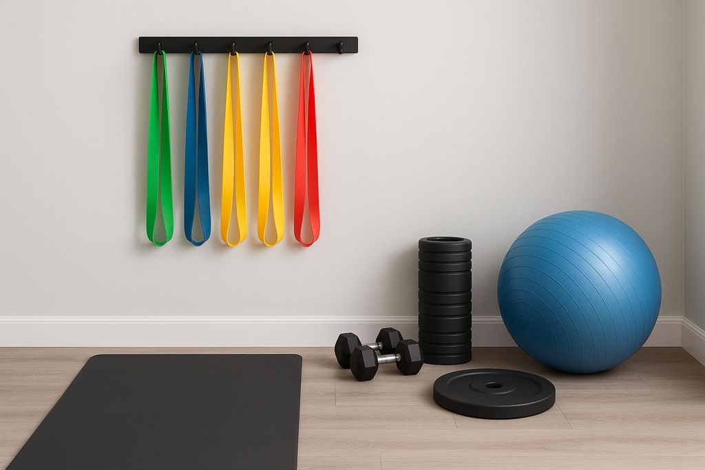 A home gym setup with various fitness equipment. Colorful resistance bands hang neatly on a black wall rack. On the light wood floor are a black yoga mat, two black dumbbells, a stack of circular weight plates, a single large black weight plate, and a large blue exercise ball.