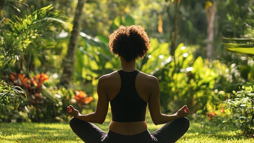 A person with their back to the camera sits cross-legged in a tropical garden, meditating with their hands in a mudra. The sun shines through the lush green foliage.