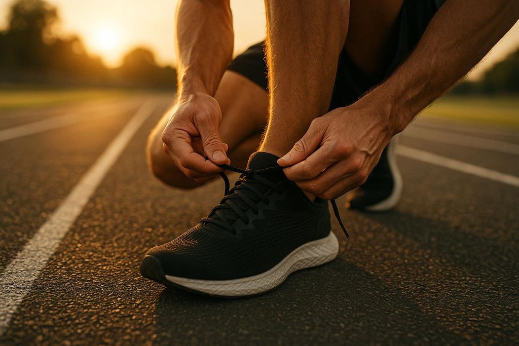Close-up of a runner's hands tying the laces of a black running shoe on an athletic track, with the sun setting in the blurred background creating a warm glow.