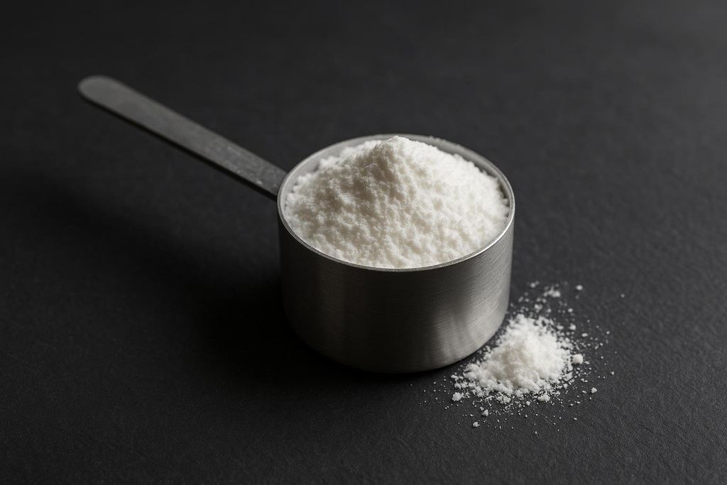 A full metal scoop of white creatine monohydrate powder with a small pile spilled next to it, all on a dark grey surface.