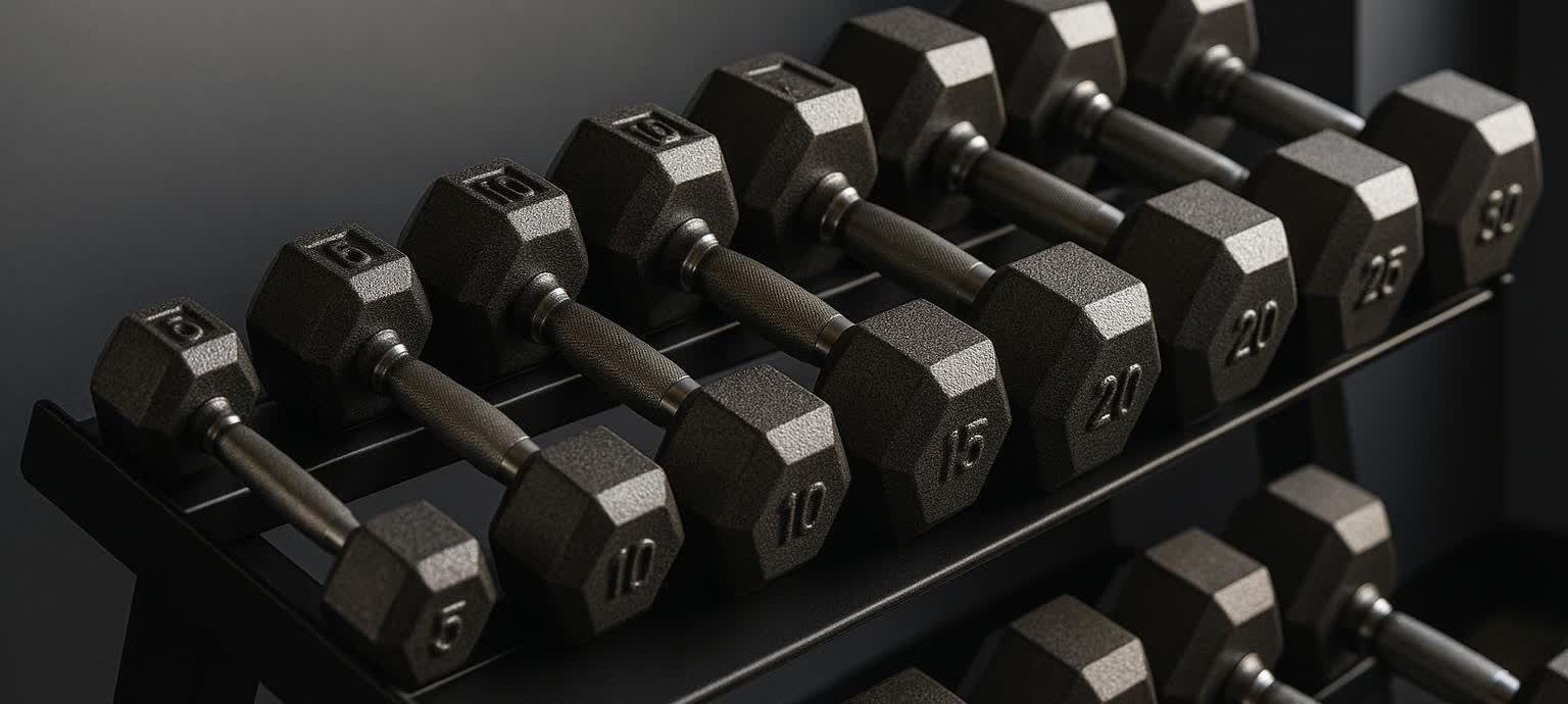 A rack of black dumbbells in a gym, arranged from smallest (5 lbs) to largest (30 lbs), symbolizing the concept of progressive overload in weight training. The dumbbells are in sharp focus against a dark, blurred background.