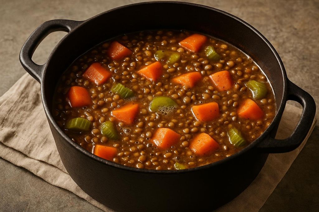A hearty low-cost lentil and vegetable stew in a cast iron pot, featuring cubed carrots and sliced celery pieces visible within the rich, brown broth.