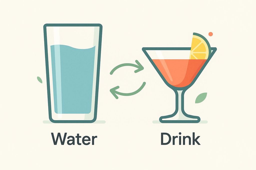 Illustration showing alternating between a glass of water and an alcoholic drink.