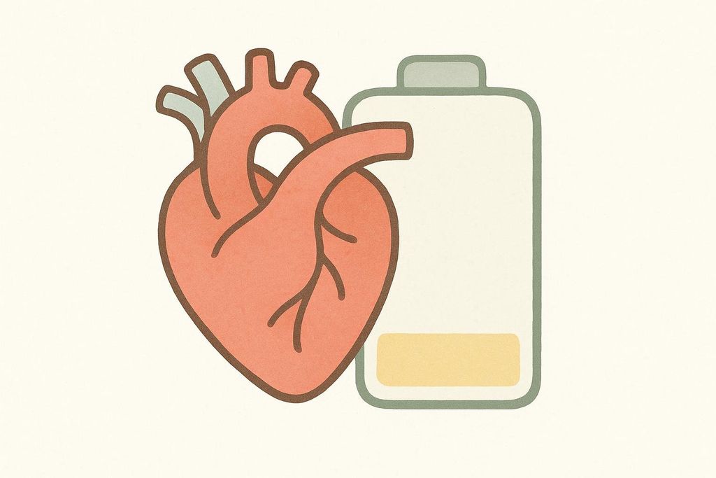 An illustration showing a human heart next to a battery icon with very low charge. The heart is rendered in shades of red and brown outline, while the battery is white with a yellow bar indicating minimal power.