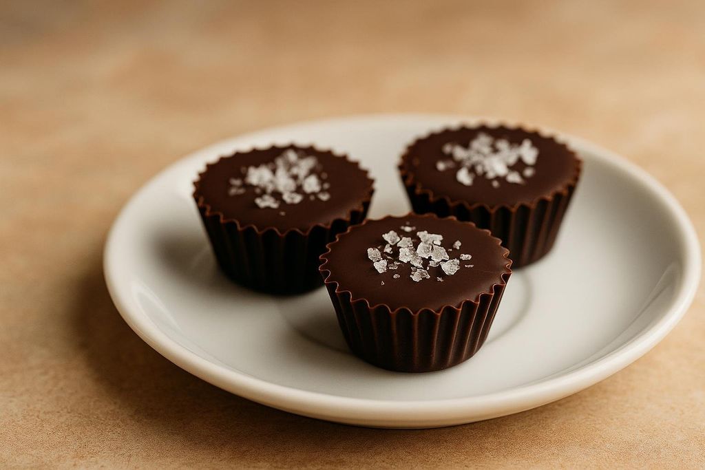 Three homemade healthy dark chocolate peanut butter cups
