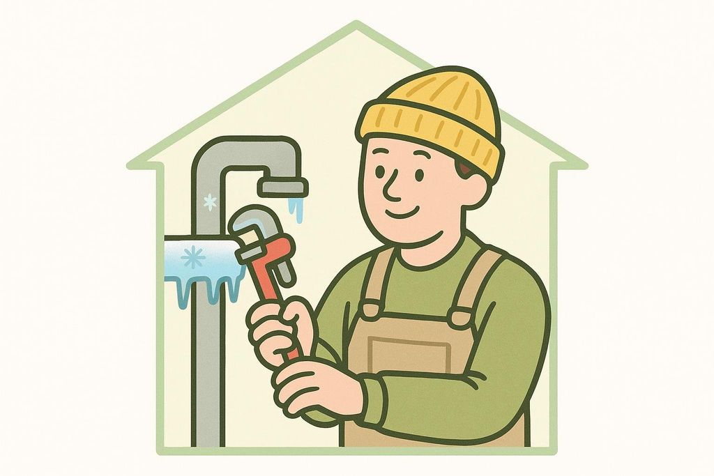 Illustration of a plumber wearing a beanie and overalls fixing a frozen pipe with a wrench inside a house outline. The pipe has ice on it and snowflakes around it.