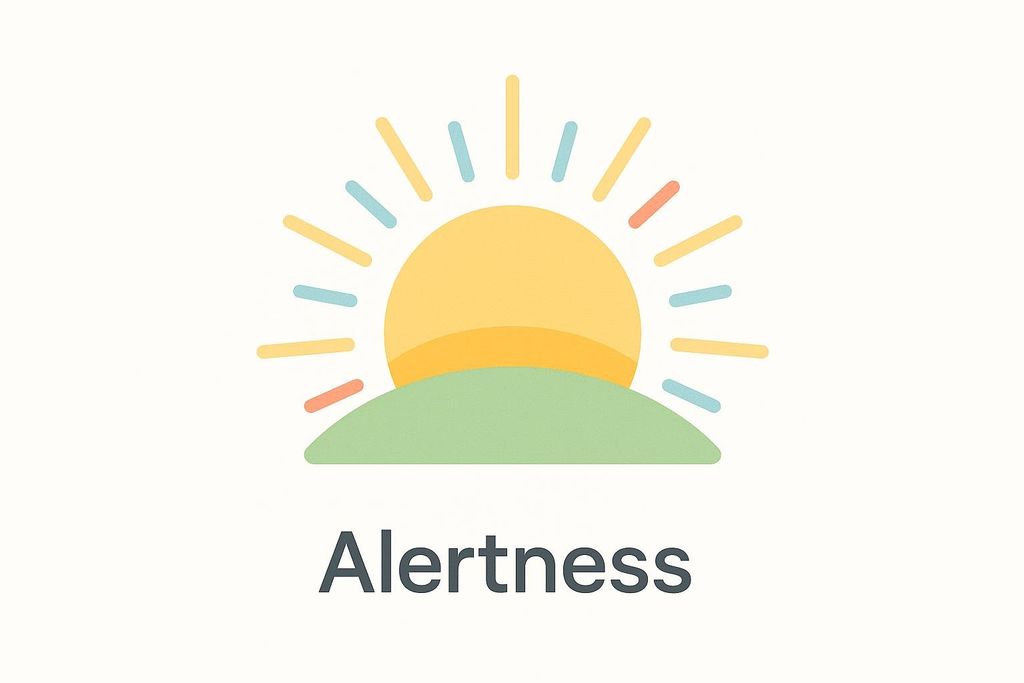 An illustration of a yellow sun rising over green hills with colorful sun rays emanating upwards, and the word 'Alertness' in dark gray text below it.