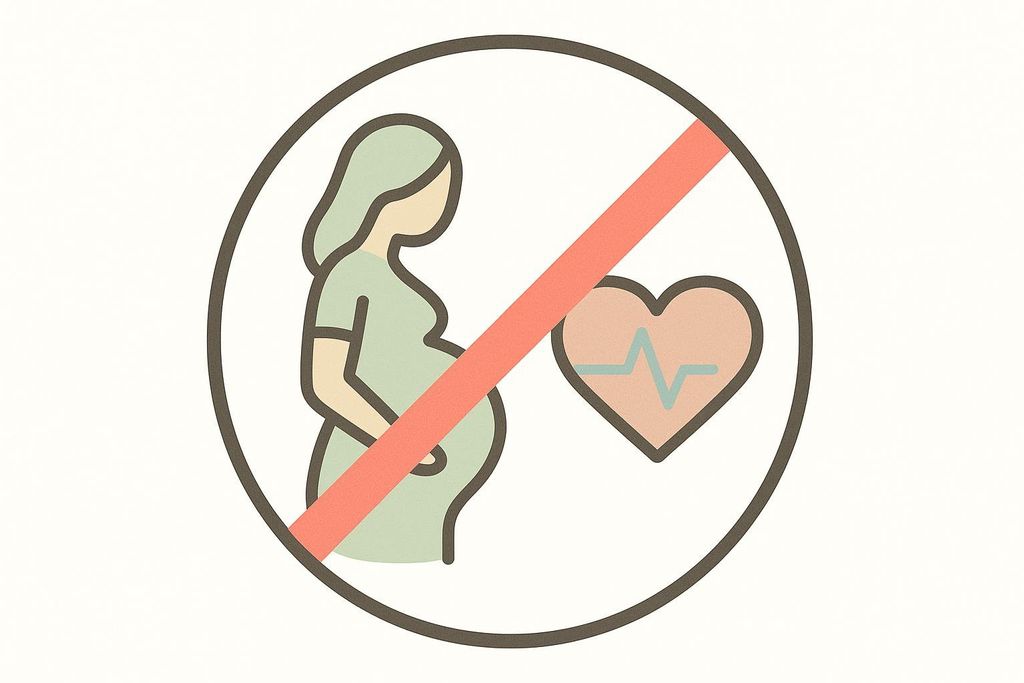 A safety warning icon showing contraindications for vibration plate use, featuring a pregnant woman and a heart with an ECG line, both crossed out with a red slash.