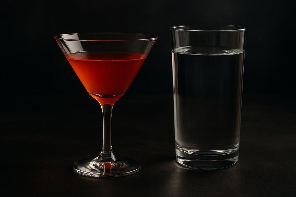 A full, red cocktail in a martini glass sits to the left of a full glass of clear water, both illuminated against a dark background.