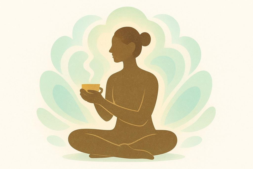 An illustration of a silhouette of a person sitting cross-legged, holding a steaming cup with both hands against a backdrop of light teal, calming shapes. The person is looking to the left, and has their hair in a bun.