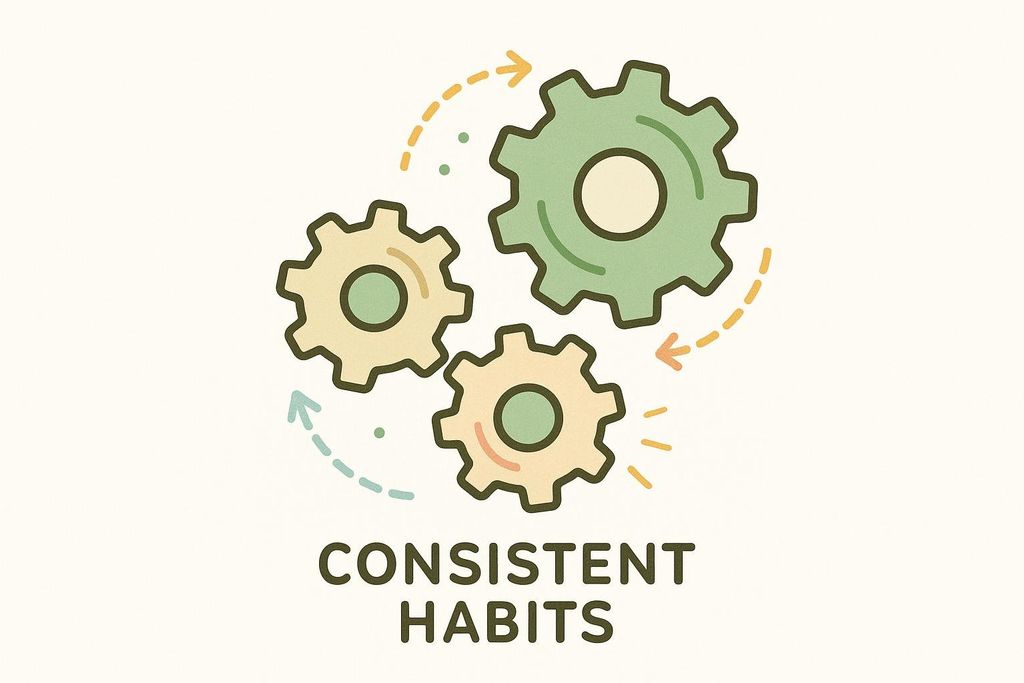 An illustration of three interlocking gears with arrows, representing consistent habits and the text "CONSISTENT HABITS" below.