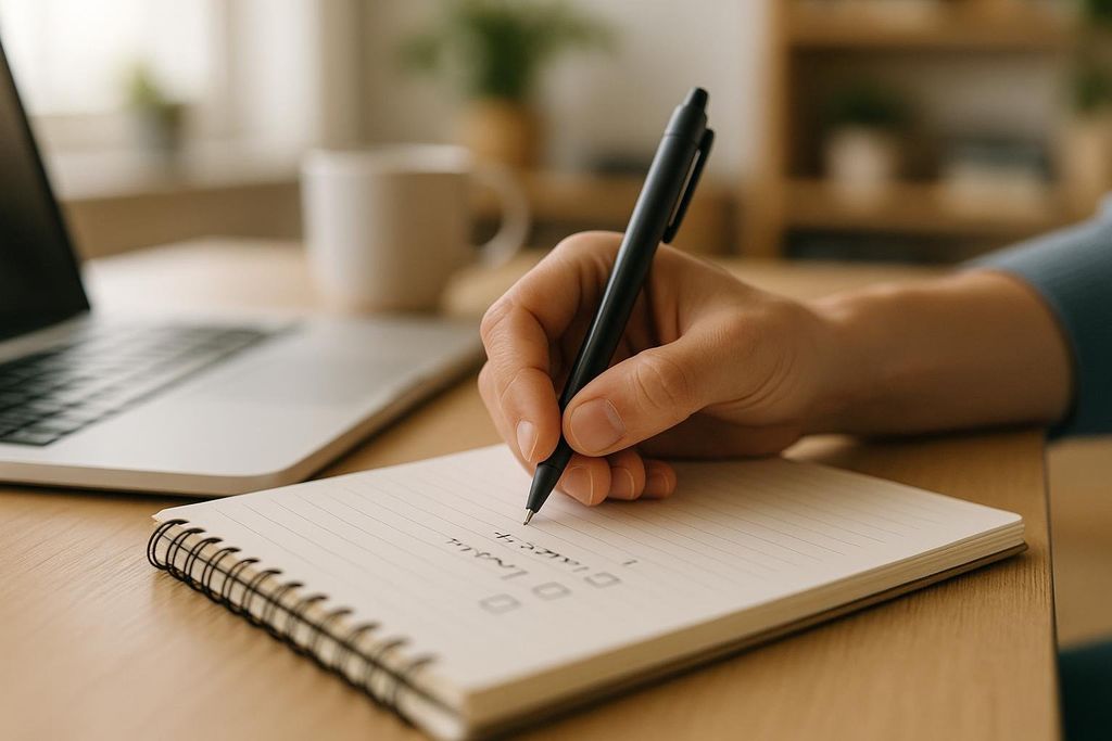A close-up shot of a person's hand holding a pen and writing in a spiral notebook, with a laptop and coffee mug blurred in the background on a wooden desk.