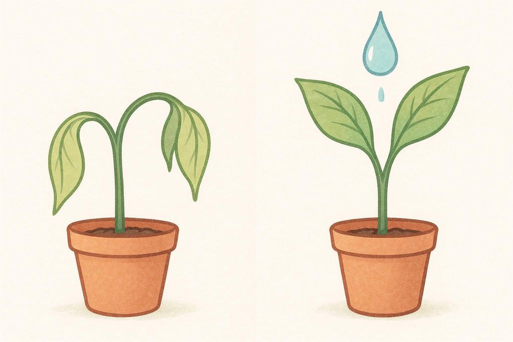 Conceptual illustration showing a wilted plant in a pot on the left, and the same plant in a pot on the right, fully revived and upright, with a droplet of water hovering above it. It symbolizes recovery or revival, such as through hormone replacement therapy.