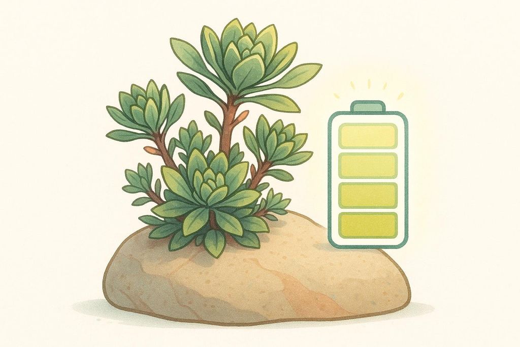 An illustration of a succulent plant growing on a rock, next to a fully charged battery icon with glowing lines, symbolizing recovery and renewed energy. The plant is green and features several rosettes of thick leaves, while the battery icon is also green with yellow segments indicating a full charge.