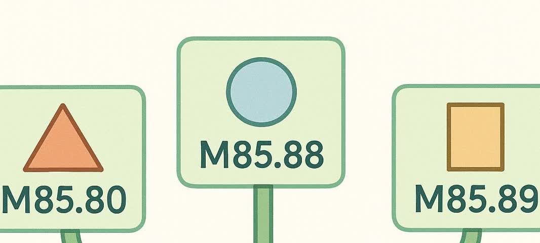 Illustration showing three decision pathways leading to different abstract medical codes: M85.80, M85.88, and M85.89, each associated with a unique geometrical symbol (triangle, circle, and square respectively).