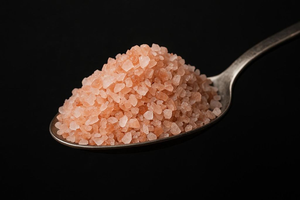 A close-up shot of a spoonful of Himalayan pink salt with a dark background. The salt crystals are varied in size and have a light pinkish-orange hue.