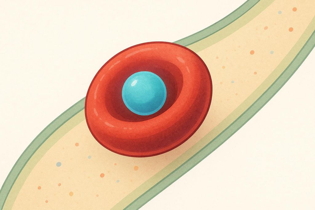 An illustration of a red blood cell, shaped like a red ring, transporting a small blue sphere, representing an oxygen molecule, along a winding, light yellow pathway with green edges, likely a blood vessel.