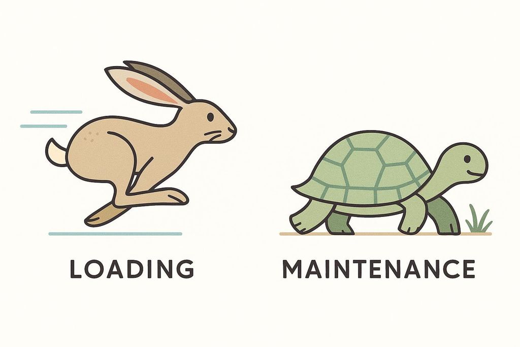 Illustration of a hare and tortoise representing dosing strategies